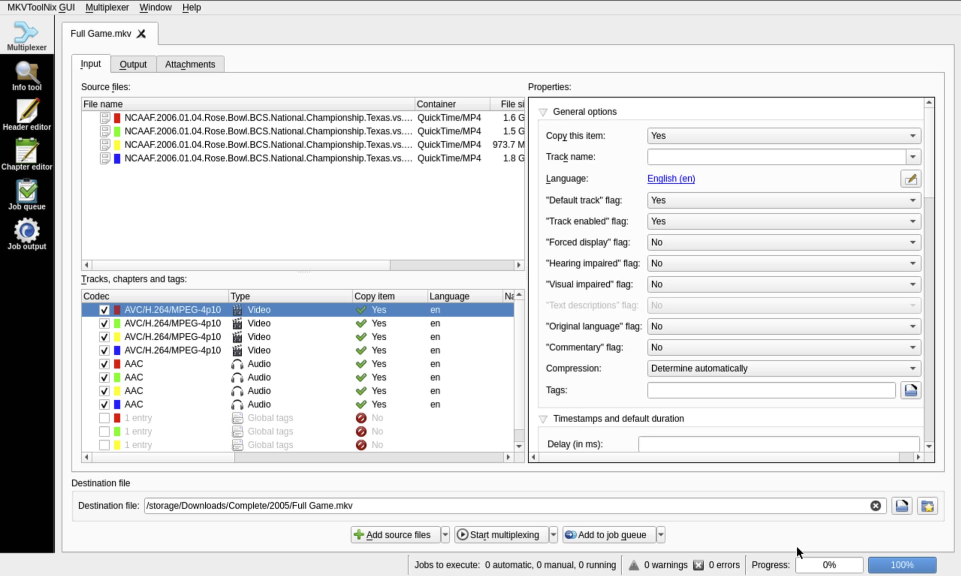 MKVToolNix GUI со списком входных файлов и дорожек