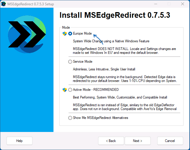 Выбор Europe Mode в MSEdgeRedirect