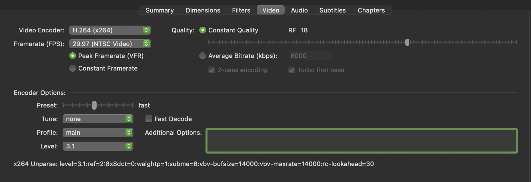 Вкладка Video в HandBrake с кодеком, FPS и Constant Quality