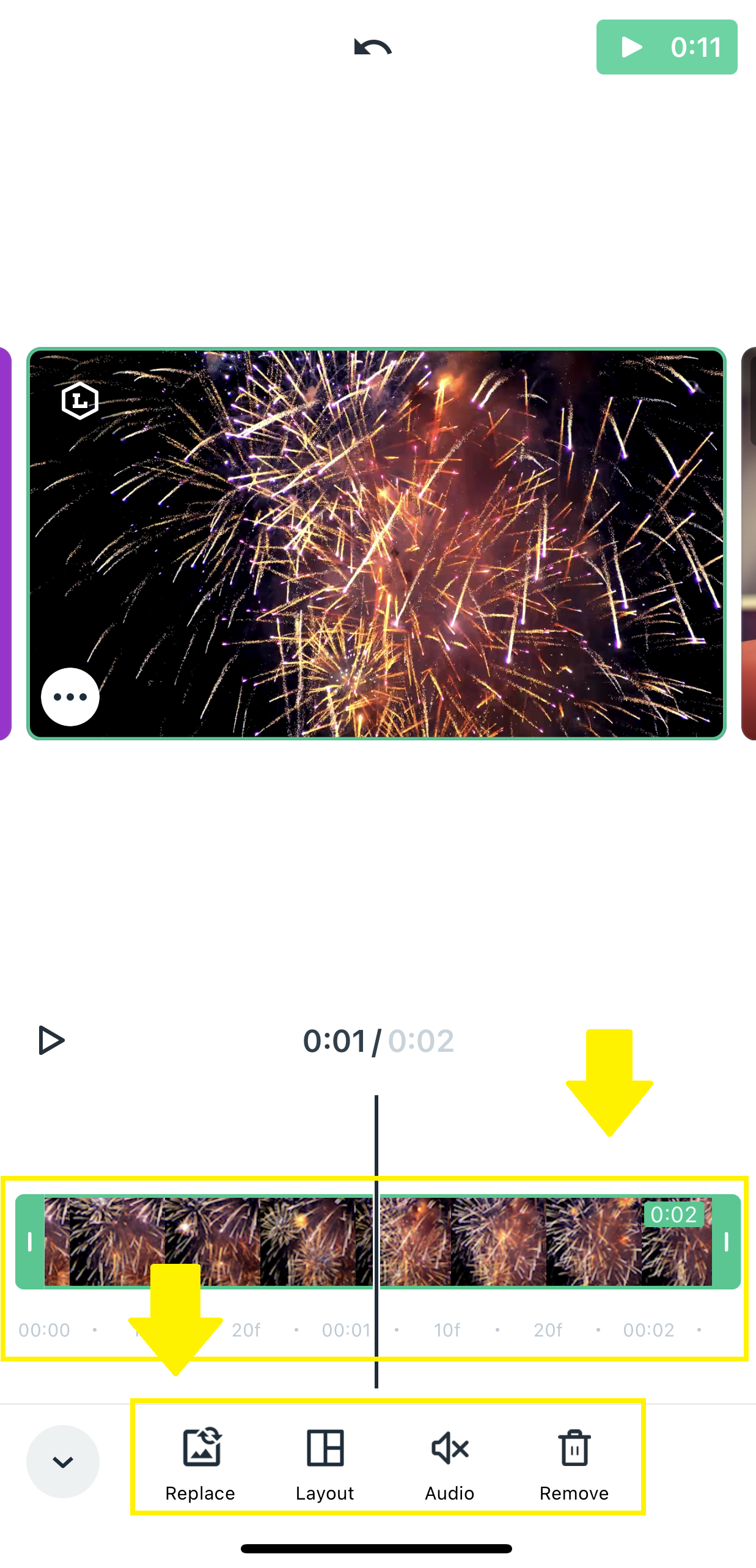 Timeline в мобильном интерфейсе Magisto с кнопками Replace, Layout, Audio и Remove