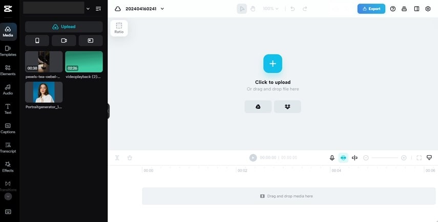 Интерфейс CapCut с видеоклипом на монтажной шкале