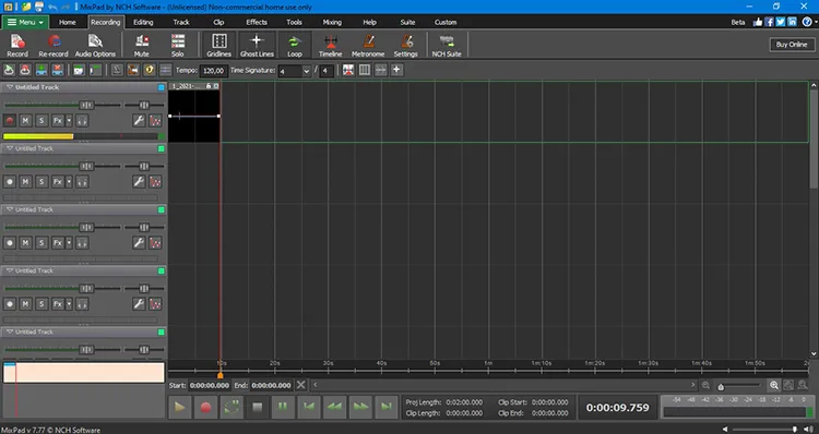 Интерфейс MixPad для многодорожечной записи