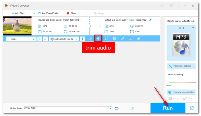 WonderFox Free HD Video Converter Factory: кнопка Trim и выбор MP3 перед Run
