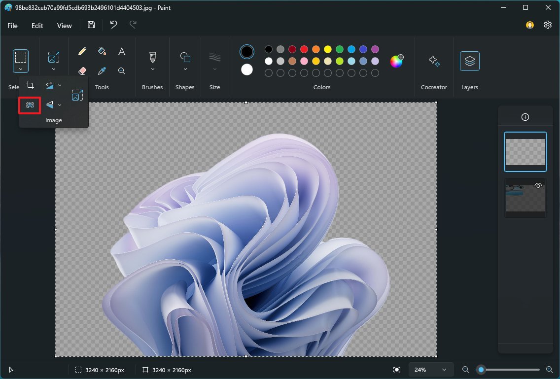 Удаление фона в Microsoft Paint: объект остаётся на прозрачной шахматной подложке