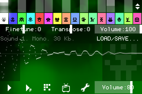 Экран PixiTracker с формой волны и командой LOAD/SAVE