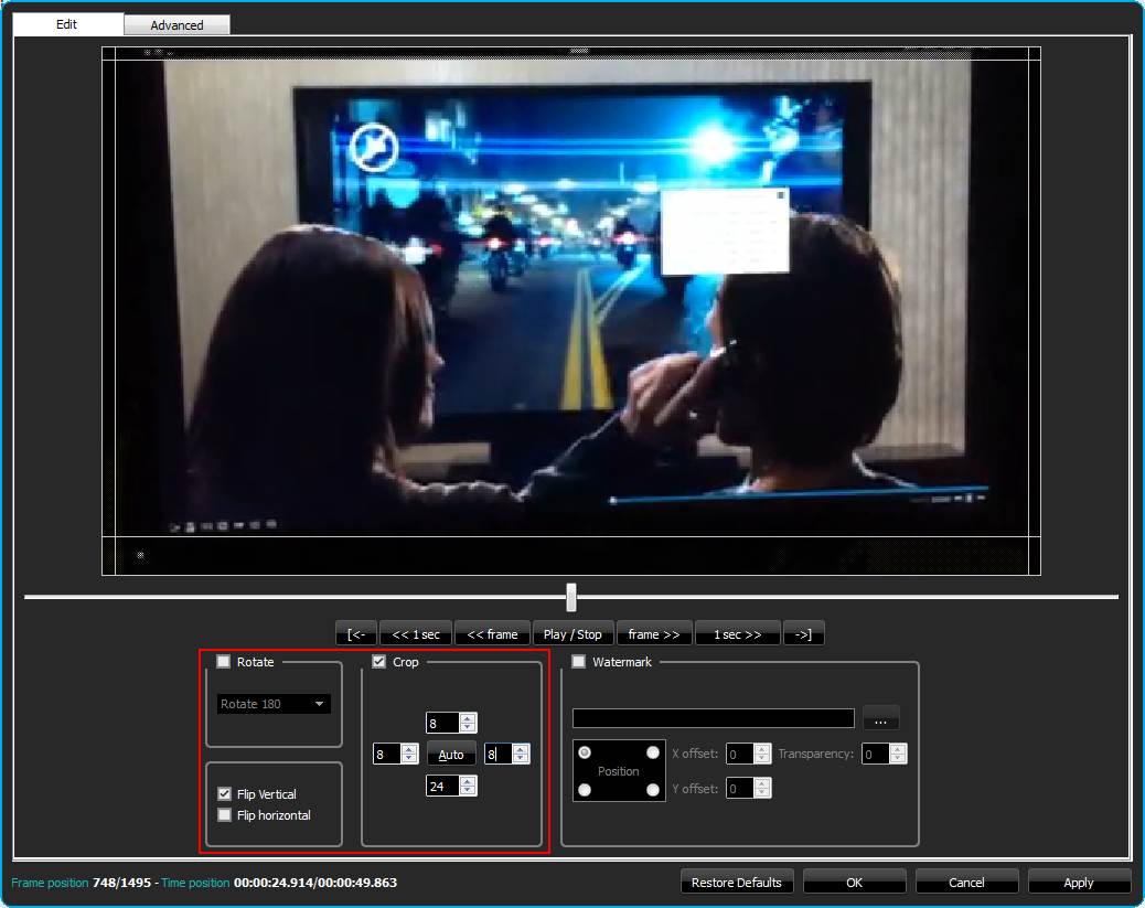 Настройки Rotate, Flip и Crop в окне редактирования DivX Pro Converter
