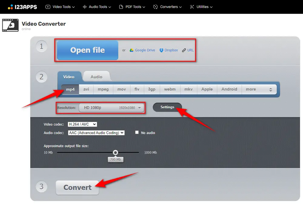 Интерфейс 123apps Video Converter с Open file, MP4, Resolution и Convert