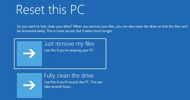 Дополнительный параметр очистки накопителя при сбросе Windows