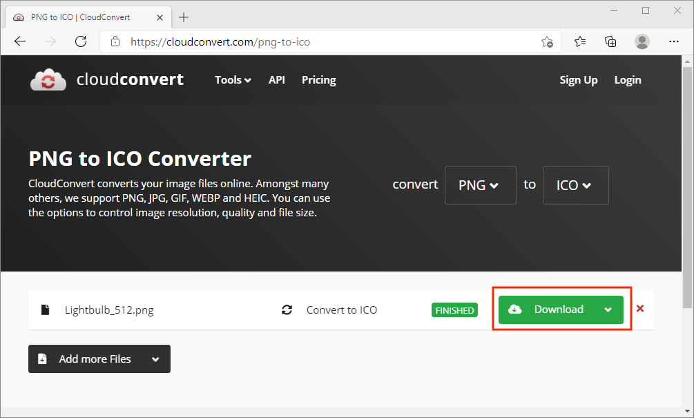 Окно завершенной конвертации CloudConvert с загрузкой результата