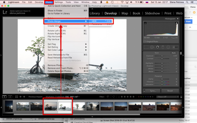 Подготовка экспозиций к HDR Merge в Lightroom
