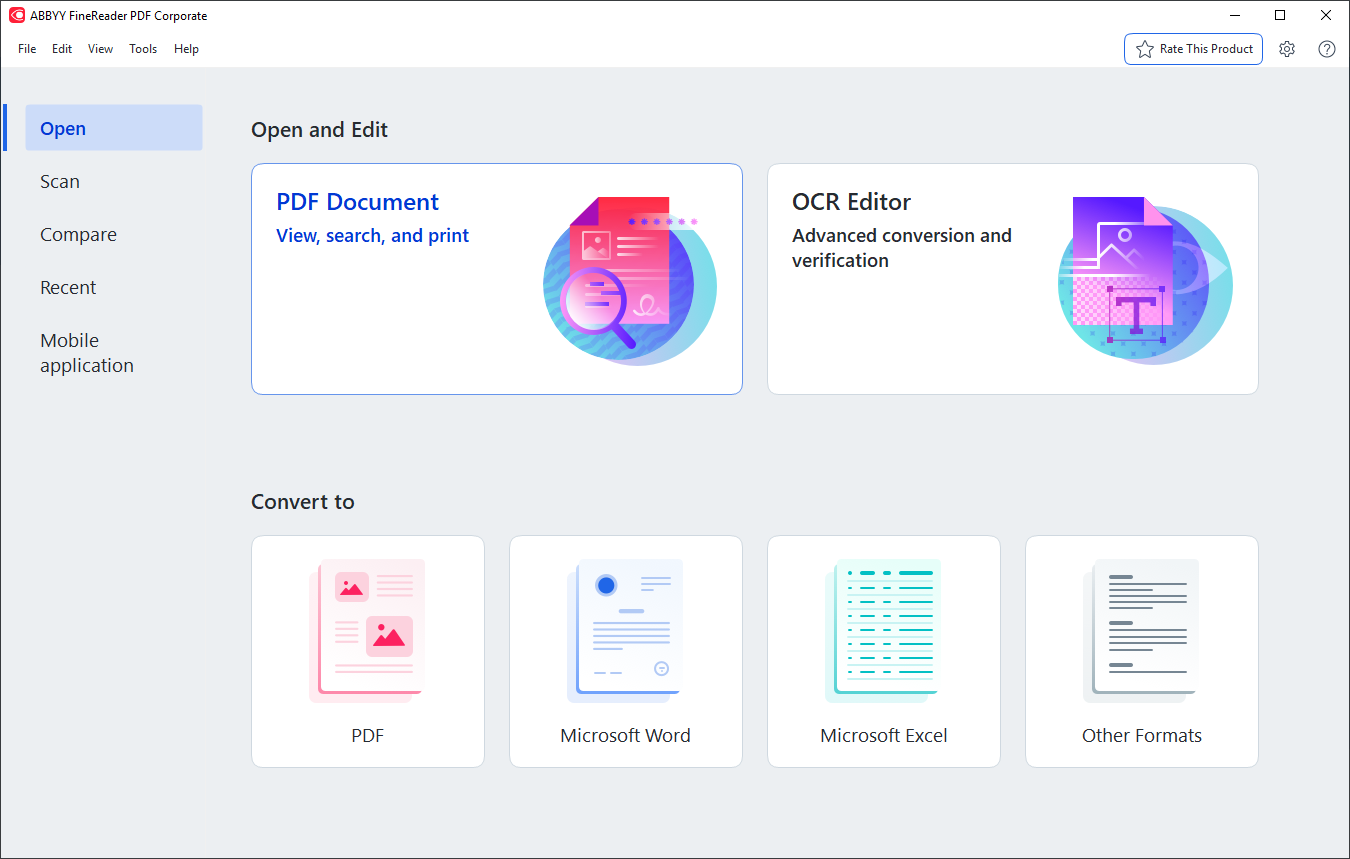 Стартовое окно ABBYY FineReader PDF 16 с режимами PDF Document и OCR Editor