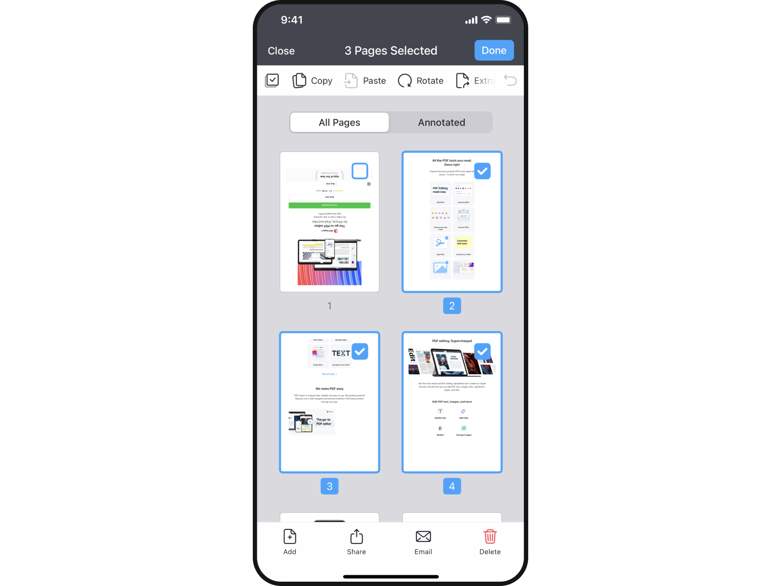 Режим миниатюр и групповой выбор страниц в PDF Expert на iPhone