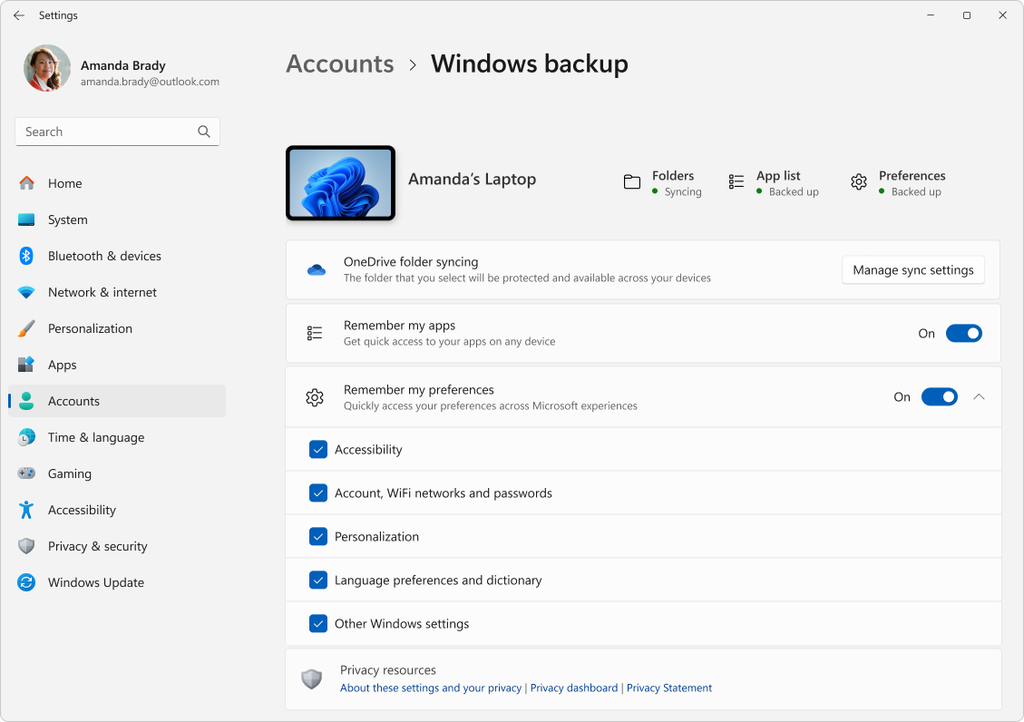 Настройки запоминания приложений и параметров в Windows Backup