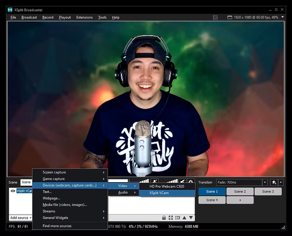 Интерфейс XSplit VCam для замены фона веб-камеры