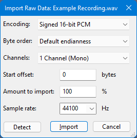 Окно Import Raw Data в Audacity с параметрами Encoding, Channels и Sample rate
