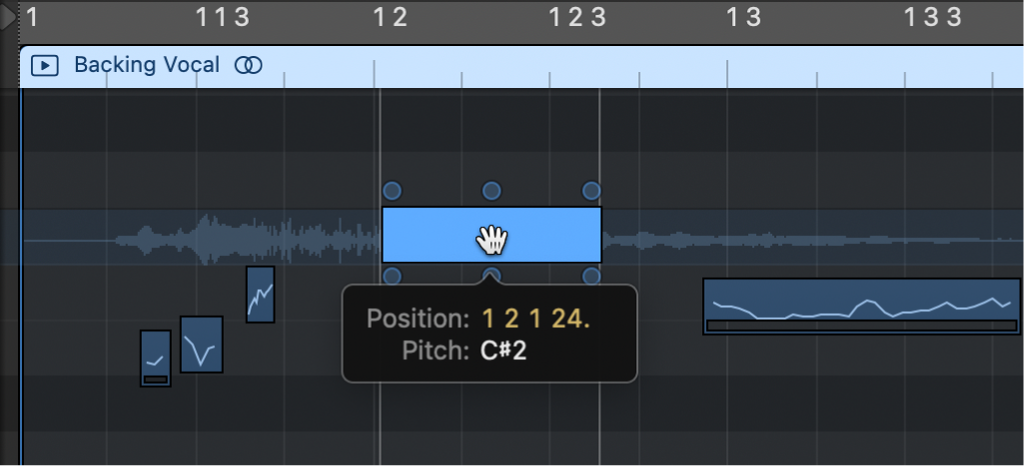 Flex Pitch в Logic Pro с нотными сегментами для ручной коррекции вокала