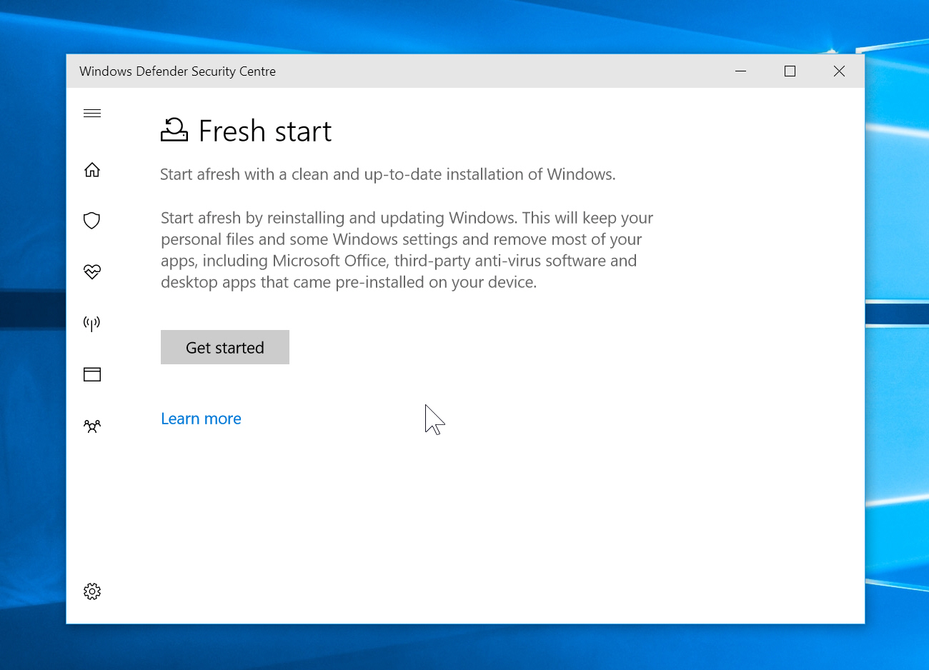 Интерфейс функции Fresh start в Windows 10