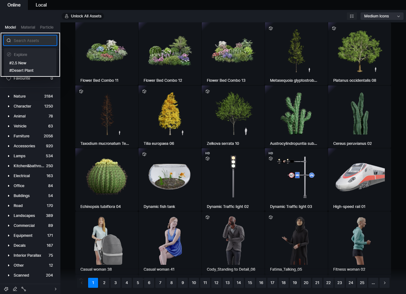 Онлайн-библиотека Asset Library D5 Render с категориями моделей и строкой поиска
