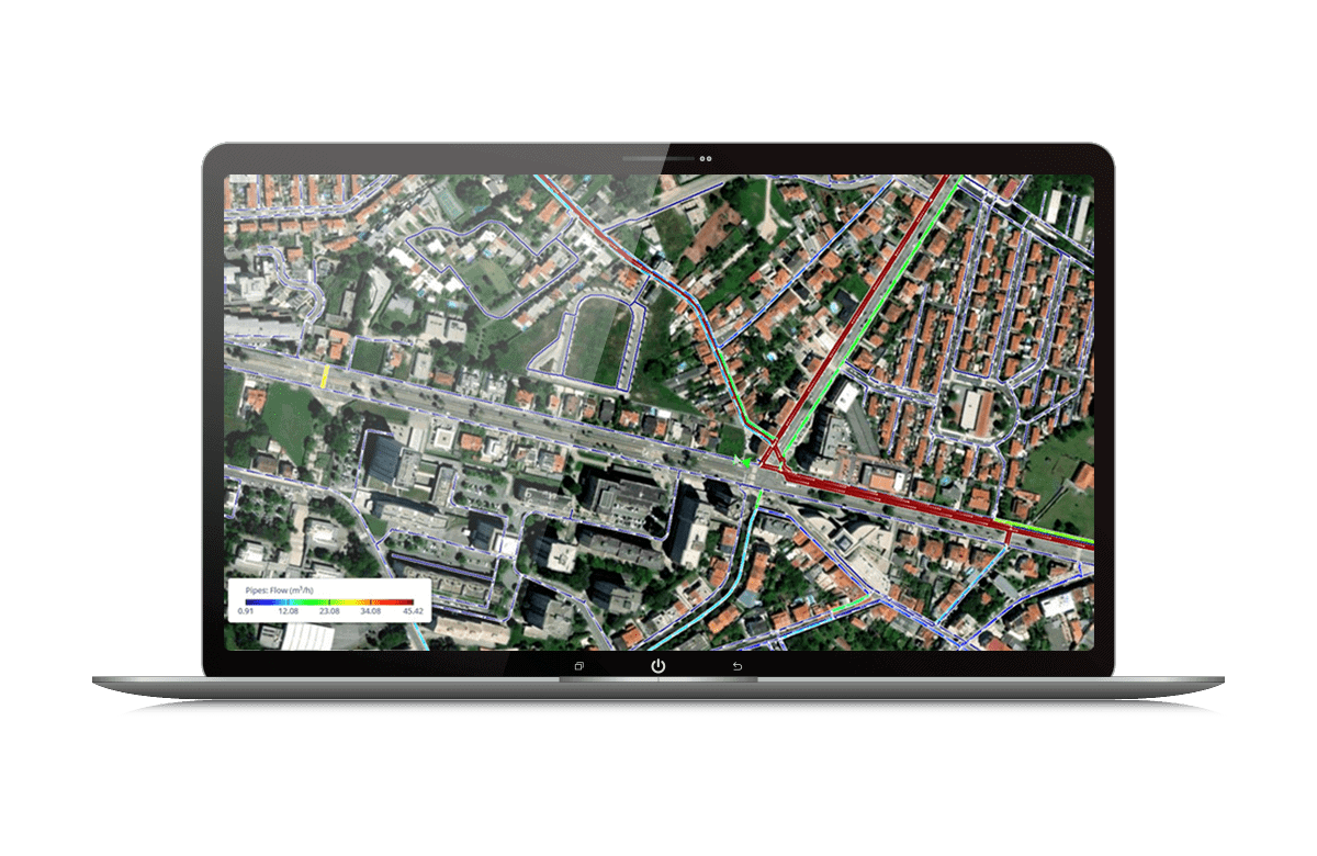 Интерфейс OpenFlows WaterSight с картой водопроводной сети
