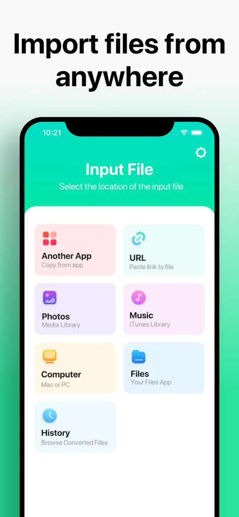 The Audio Converter: выбор источника Input File — Files, Music, Another App и URL
