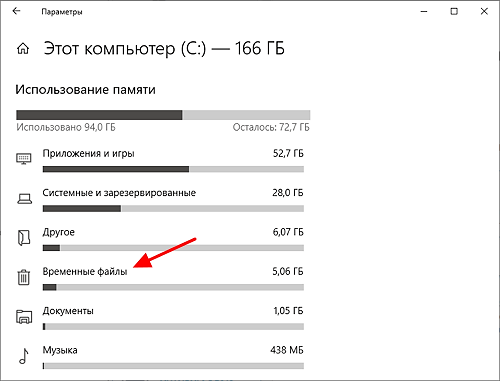 Категория временных файлов в распределении хранилища Windows 10