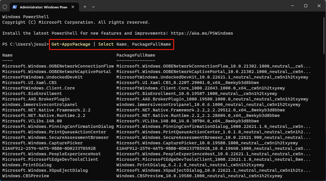 PowerShell показывает Name и PackageFullName установленных Appx-пакетов