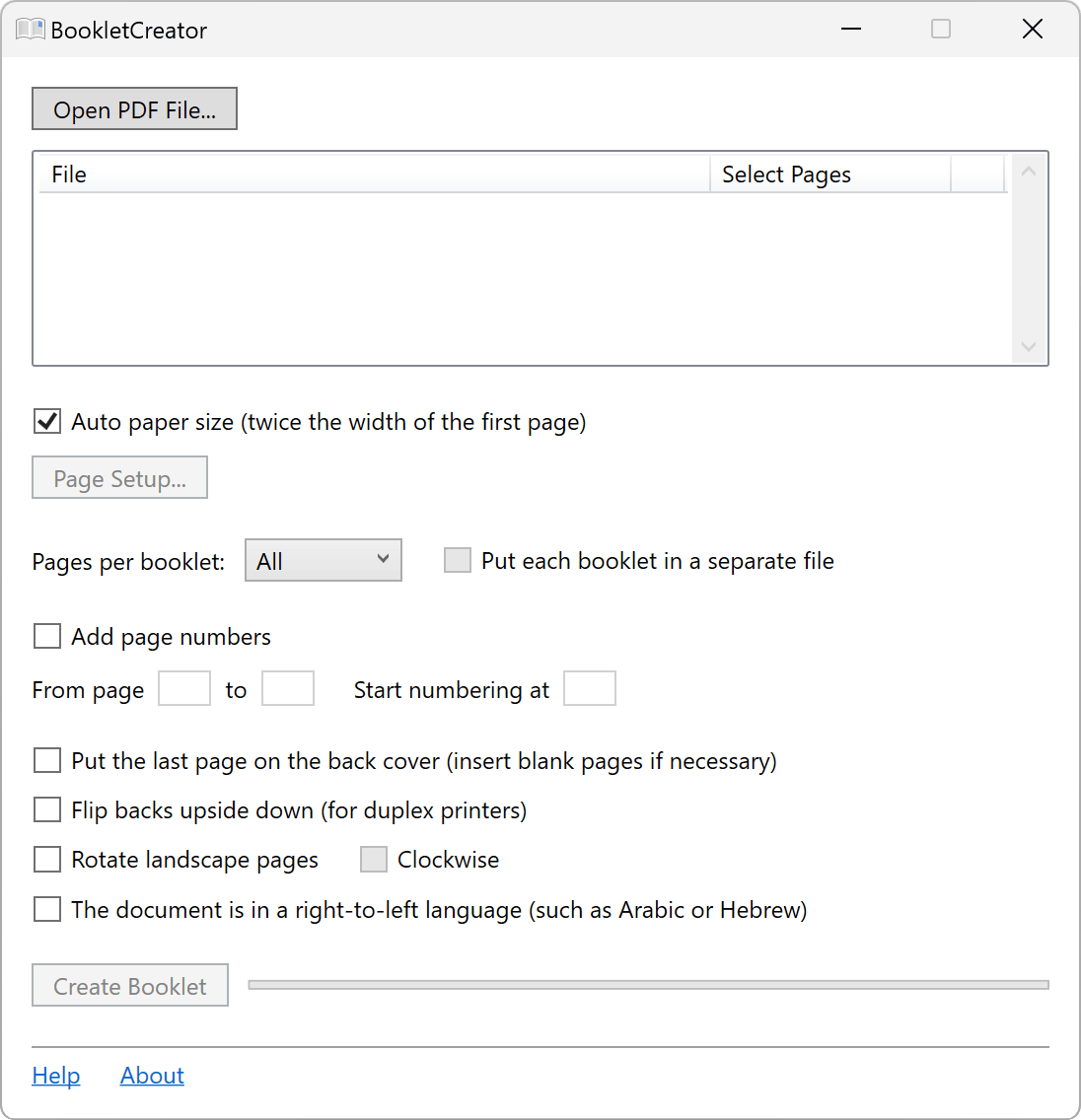 Окно BookletCreator для Windows с настройками Pages per booklet и Create Booklet
