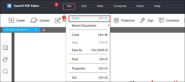 Меню File в EaseUS PDF Editor с командами Open и Print