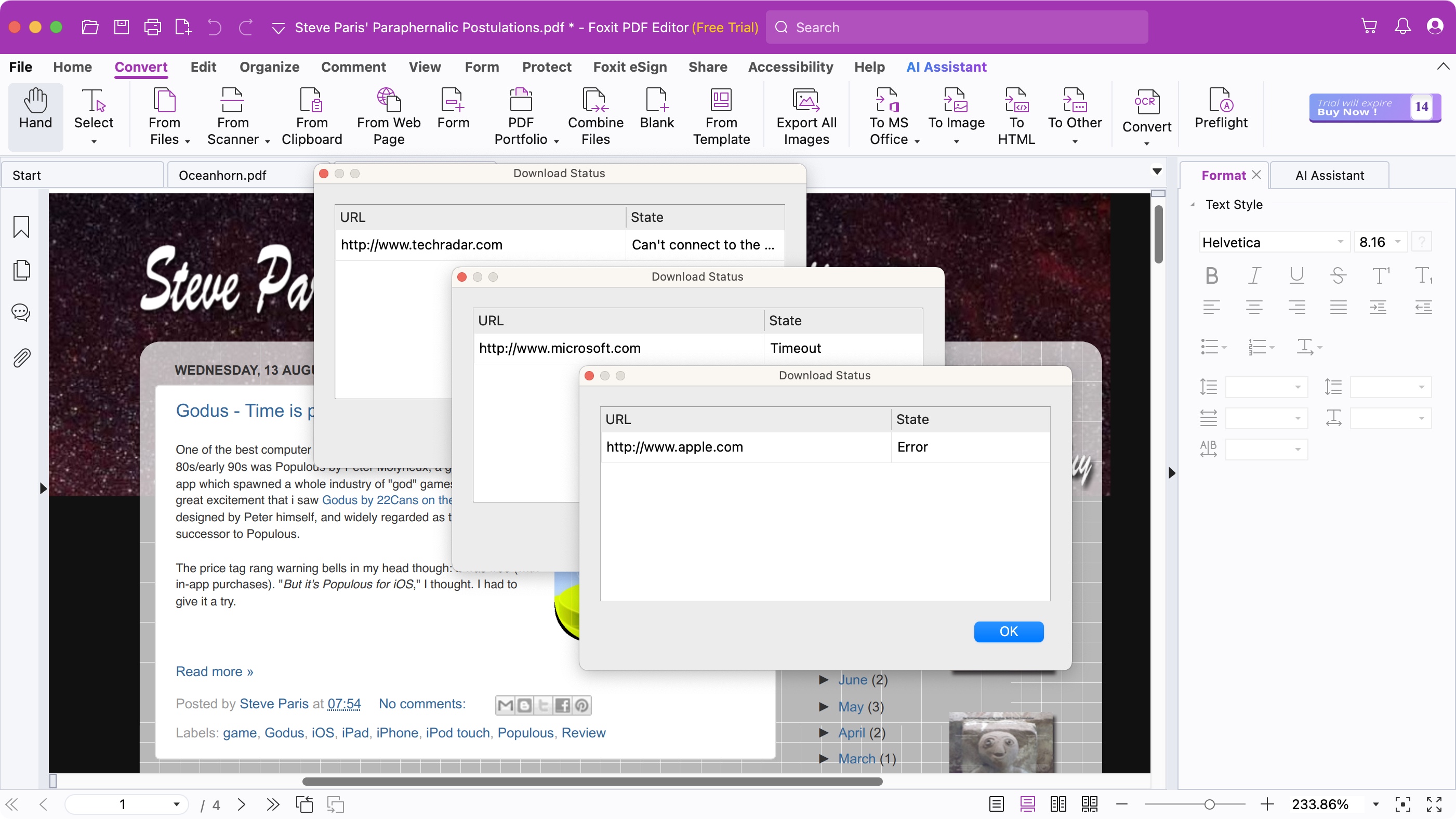 Вкладка Convert в Foxit PDF Editor с командами OCR и экспорта