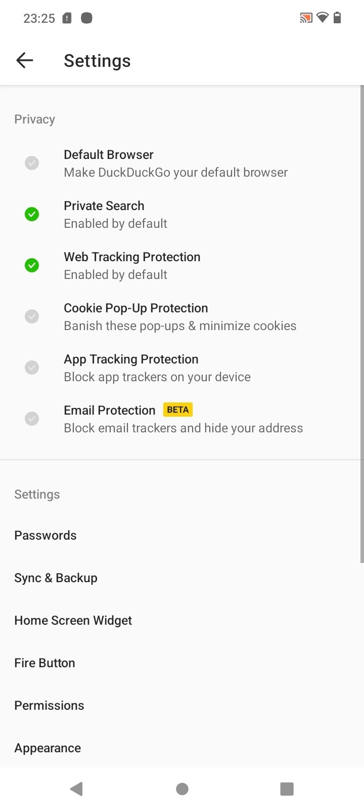 Настройки приватности DuckDuckGo Browser на Android