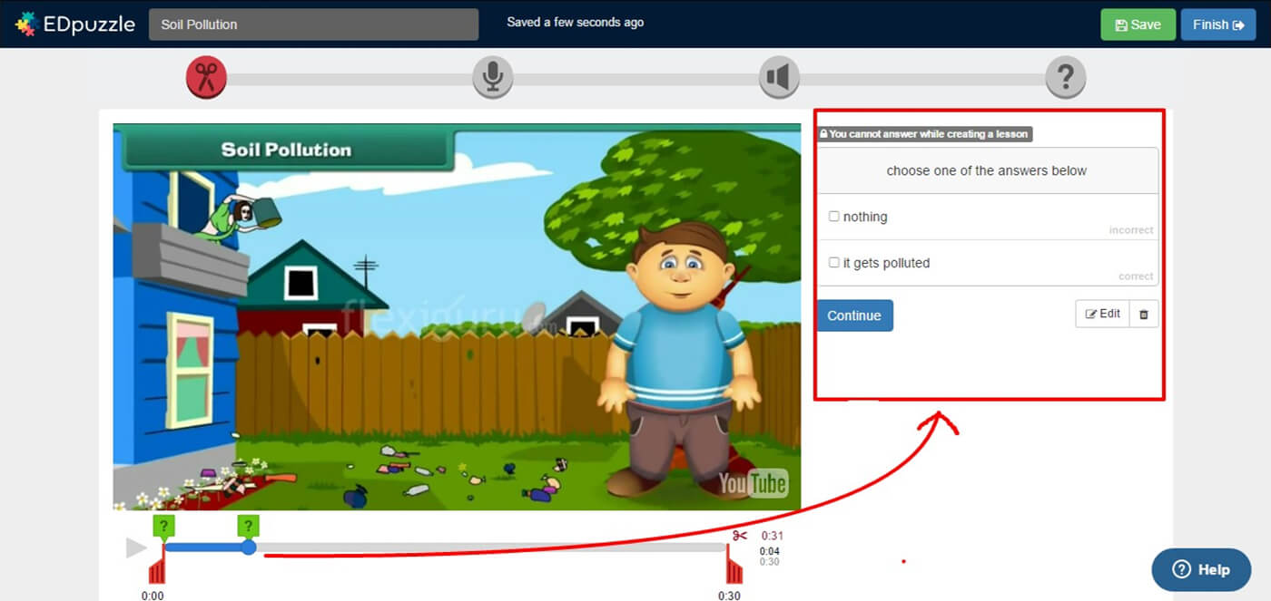Интерфейс Edpuzzle при подготовке видеоурока