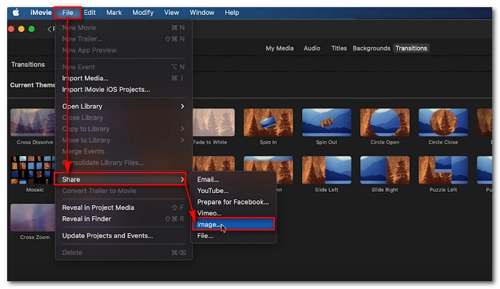 Команда File Share Image для сохранения кадра в iMovie