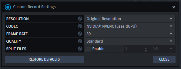Окно Custom Record Settings в XSplit Gamecaster
