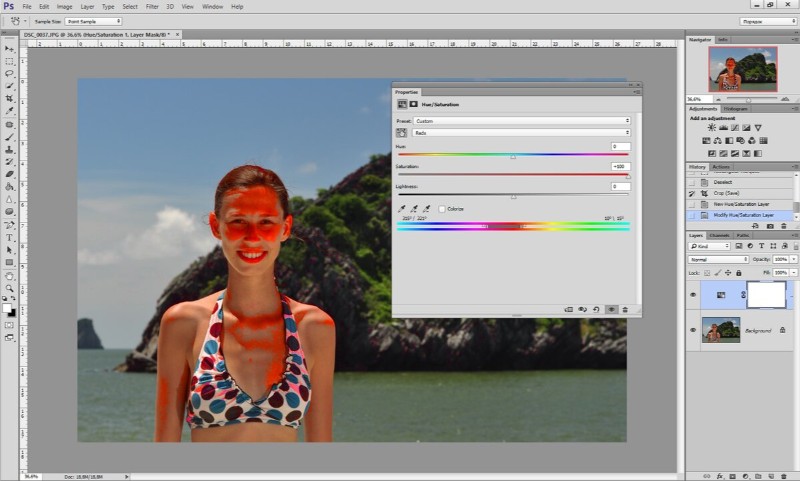Настройка границ красного диапазона в Adobe Photoshop