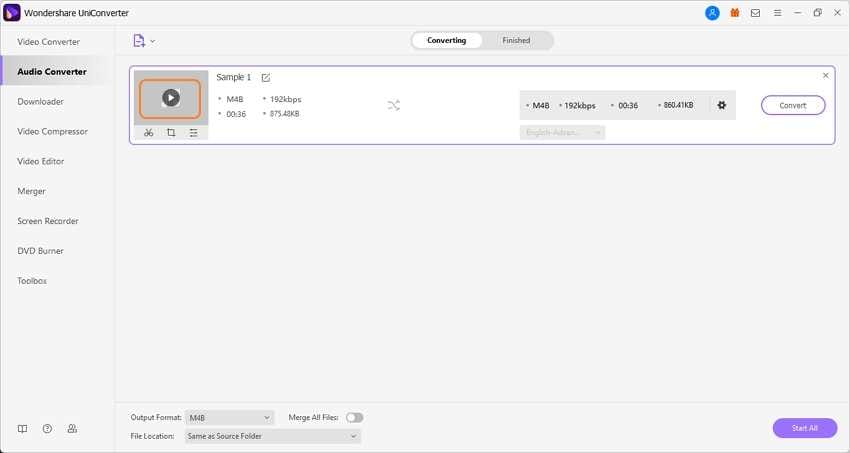 Выбор настроек вывода для M4B в Wondershare UniConverter
