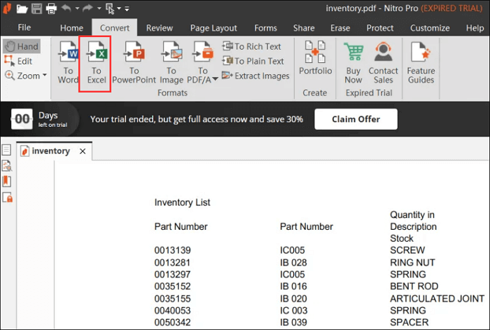 Nitro PDF Pro: команда To Excel на вкладке Convert