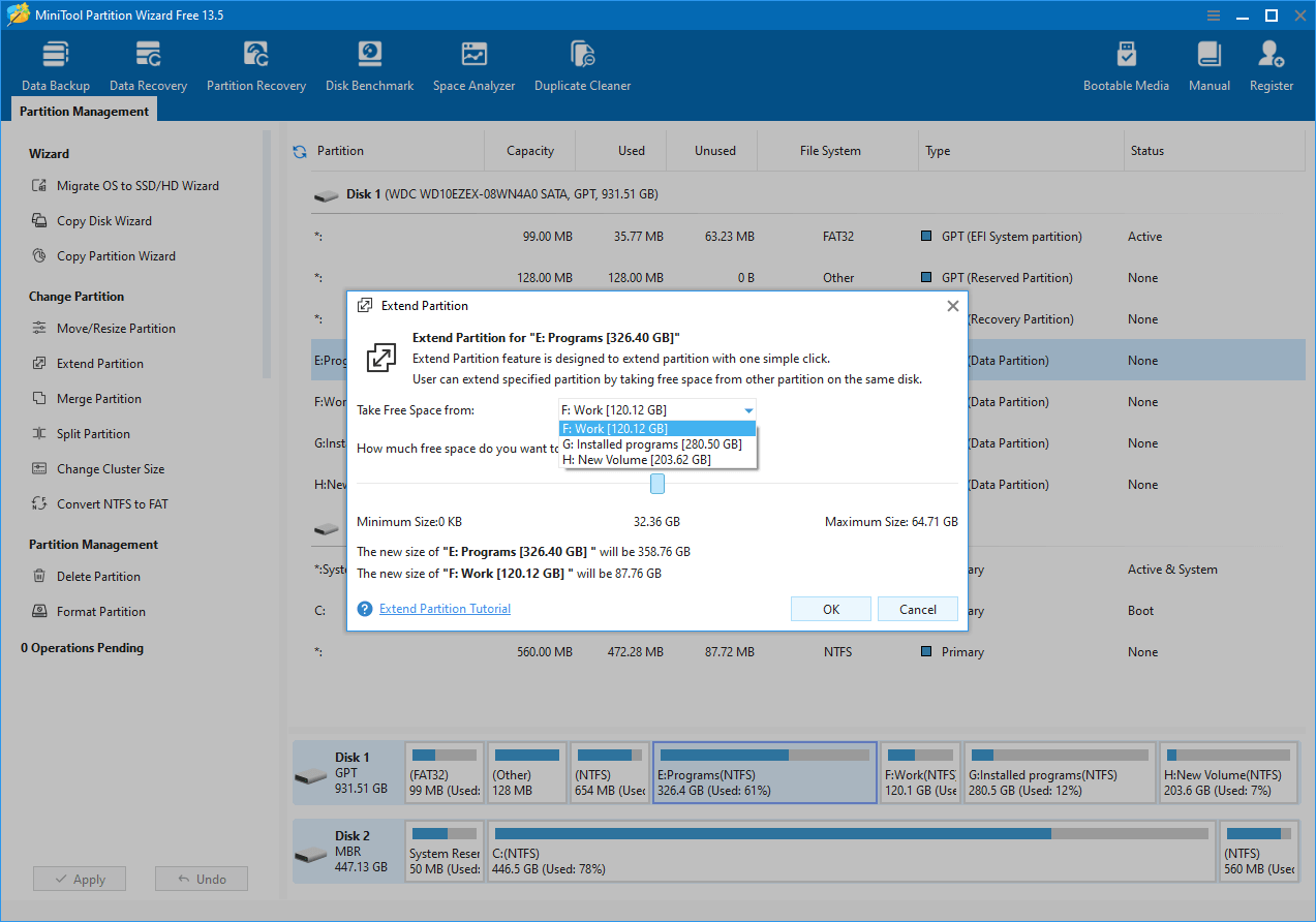 Окно Extend Partition в MiniTool Partition Wizard
