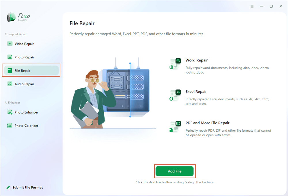 Раздел File Repair и кнопка Add File в EaseUS Fixo
