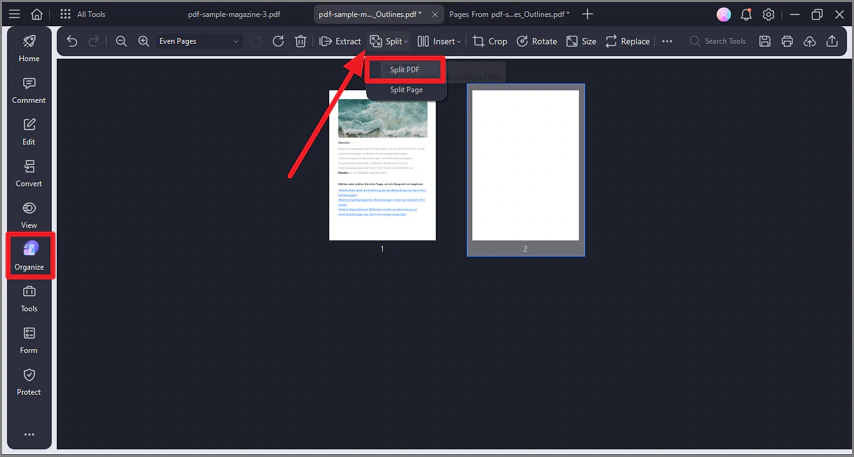 PDFelement: Organize, меню Split и команда Split PDF