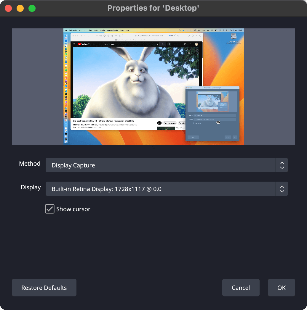 Источник macOS Screen Capture и аудиомикшер в OBS Studio