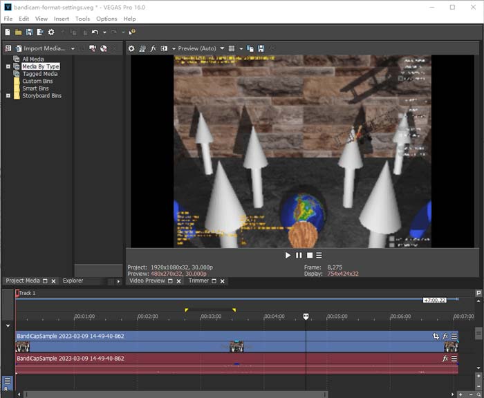 Интерфейс VEGAS Pro с Project Media, предпросмотром и таймлайном