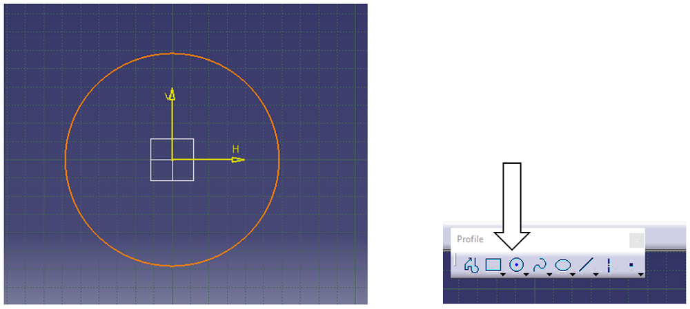Окно Sketcher в CATIA V5 с окружностью и панелью Profile