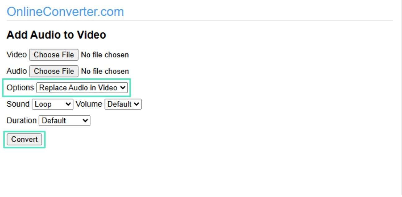 Форма Online Converter для замены аудио