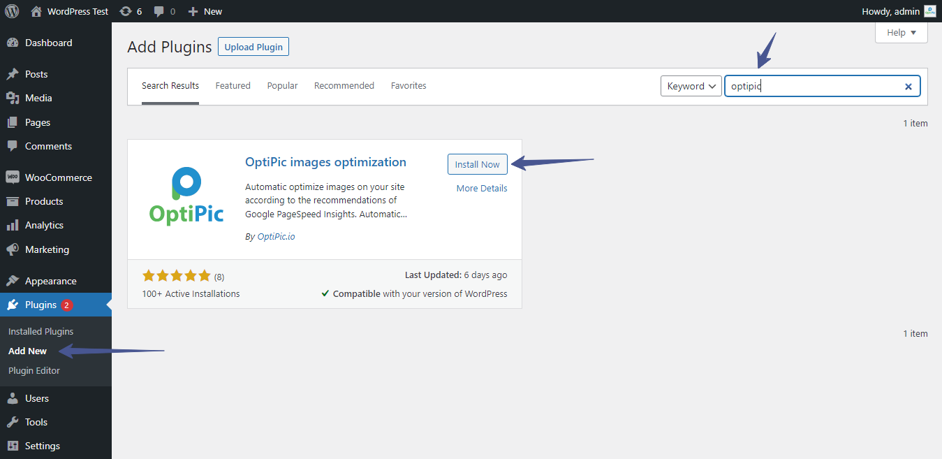 Поиск OptiPic images optimization в WordPress: поле поиска optipic и кнопка Install Now