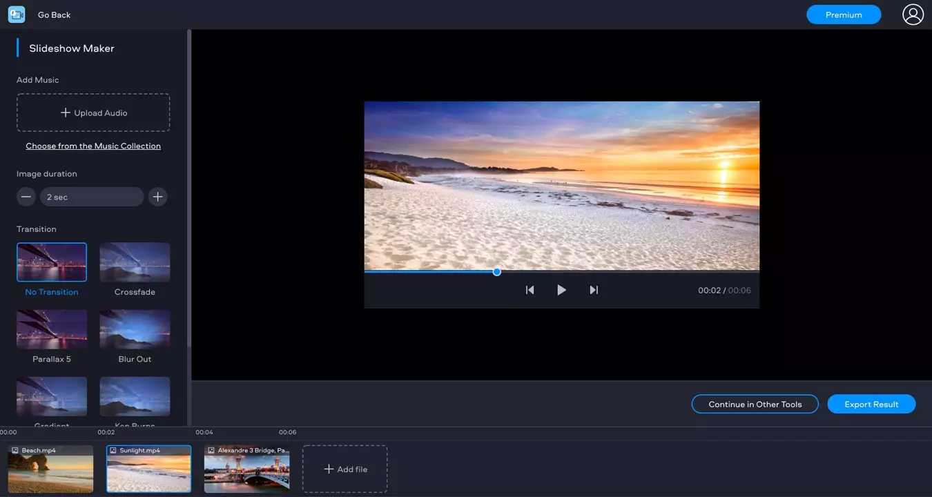 Интерфейс Fastreel Slideshow Maker с музыкой, длительностью кадров и переходами