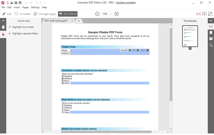 Режим Fill in forms в Icecream PDF Editor