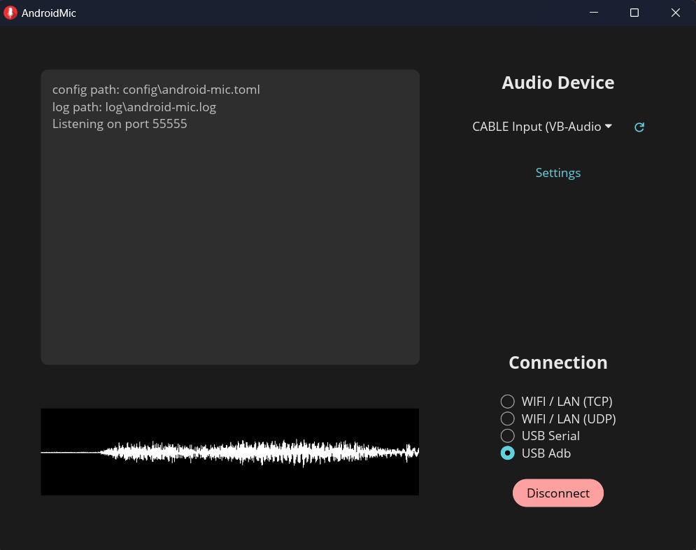 Настольный интерфейс AndroidMic с выбором Audio Device и USB ADB