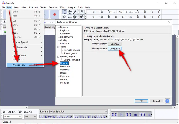 Импорт WMV/аудио в Audacity