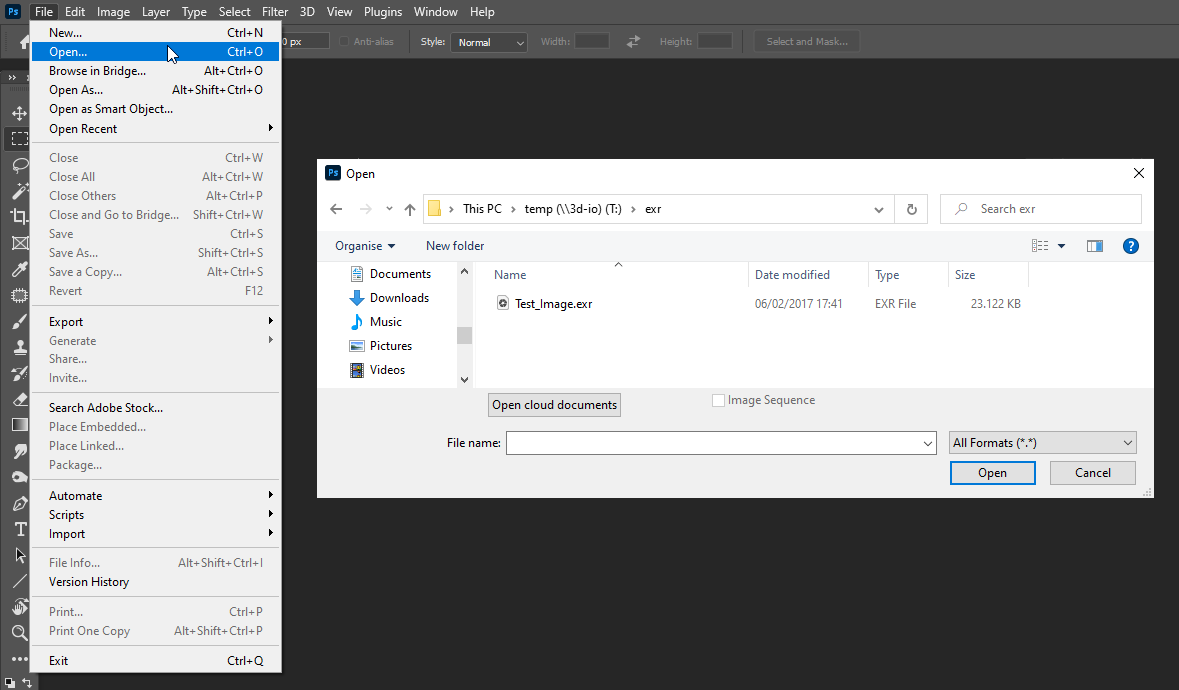 Photoshop: команда File Open перед загрузкой EXR через Exr-IO