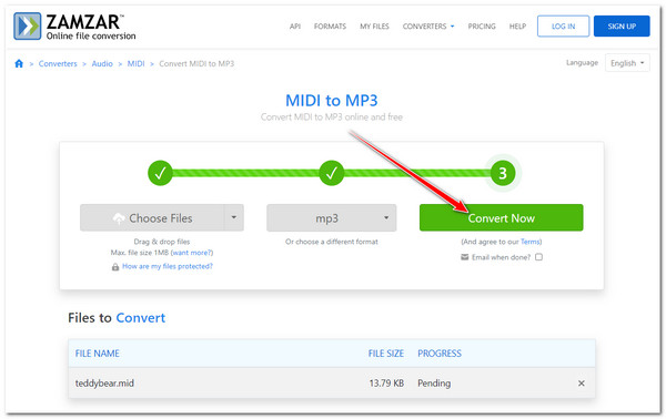 Zamzar с выбранным MP3 и кнопкой Convert Now